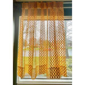 Vintage 70s pleated curtain, golden yellow, open weave mesh, single panel